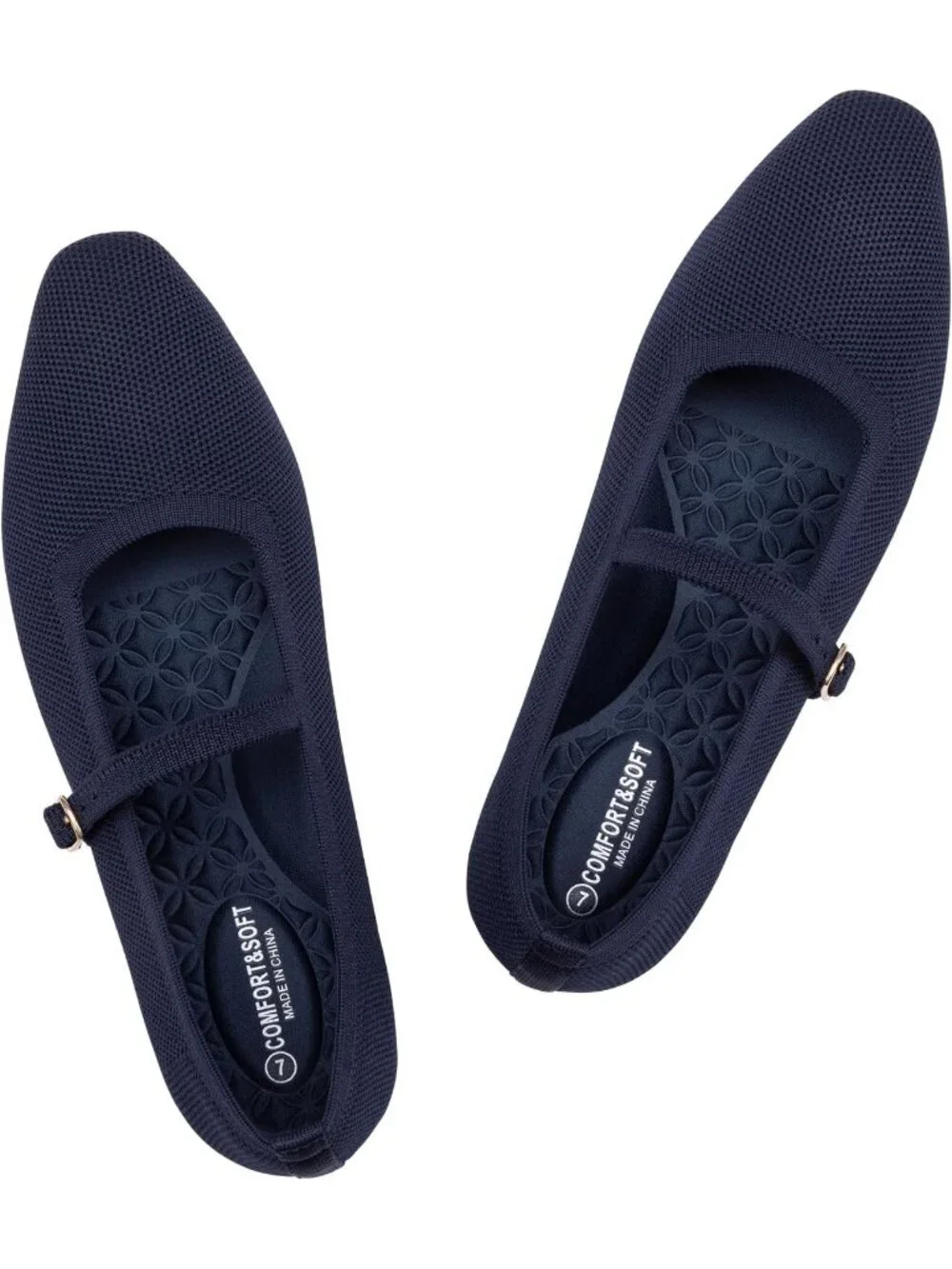 Women's Blue Rubber Knit Square Toe Ballet Flats With Strap Comfortable Shoes